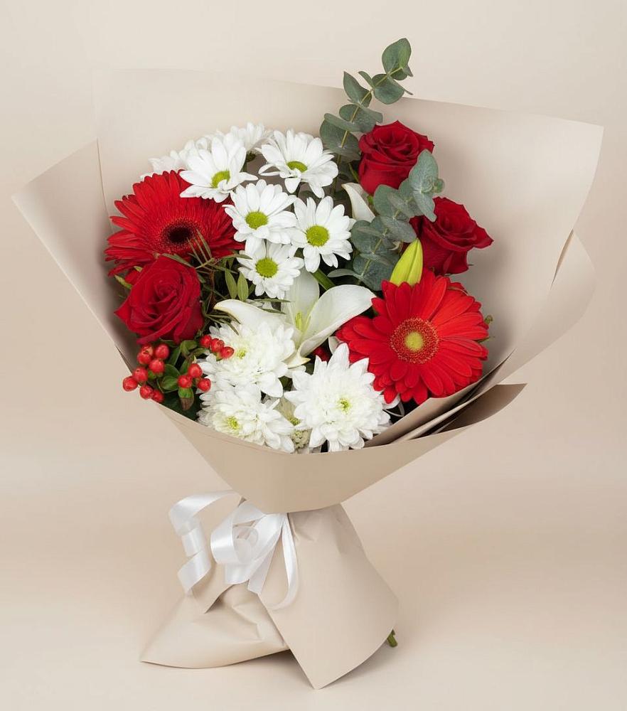 Букет цветов из: Розы, Хризантемы, Герберы и Лилии в Советском Ханты-Мансийского АО